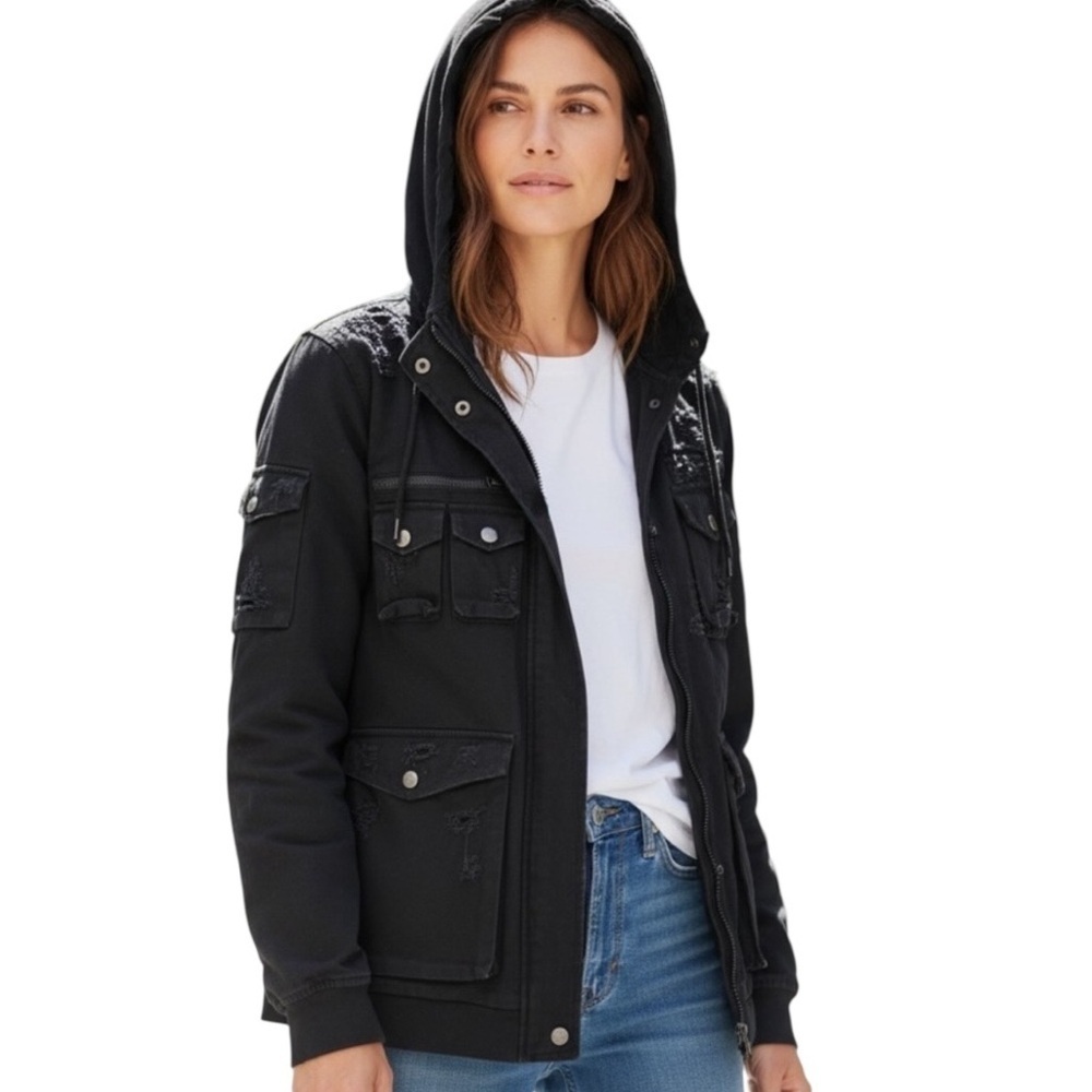 Carmar Black Distressed Denim Cargo Hooded Jacket